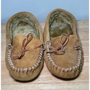 Vintage Deerskin Suede Moccasin Slippers Womens 8 Tan Fur Lined Taiwan